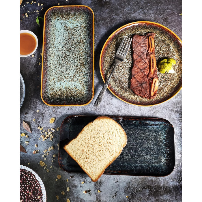 Набір тарілок Ya JU Keramik 4 шт. для основних страв, стеку, пасти, різотто, закусок. Підходять для мікрохвильової печі, духовки та мийки посуду. Колір: коричневий, прямокутна форма.