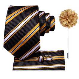 Чоловіча краватка Hi-Tie з краватковою галстуком та нагрудною хустинкою (смугаста темно-синя з золотом)