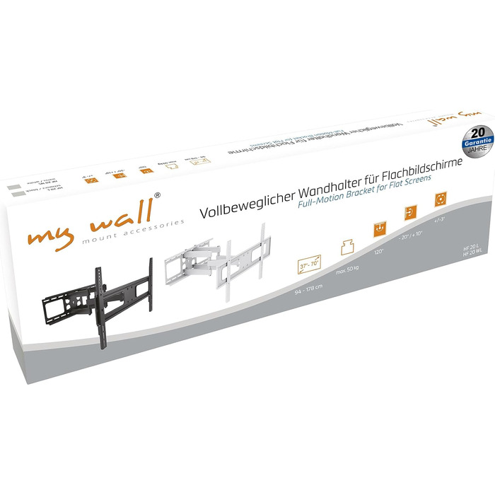 Повноповоротний настінний кронштейн для телевізора mywall HF20WL (37-70 дюймів), витримує до 50 кг, VESA 600x400, регулювання нахилу та повороту, відстань від стіни 64-510 мм