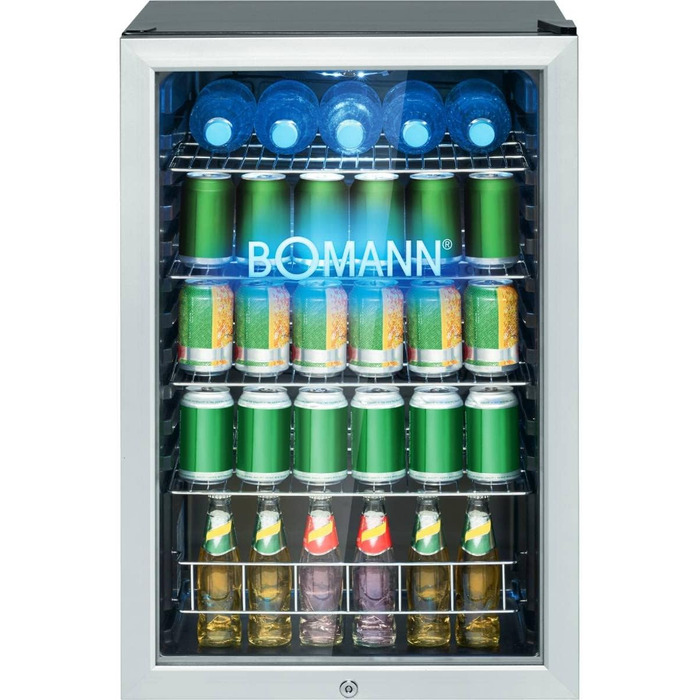 Холодильник для напоїв Bomann® KSG 7287 Inox | 63 літри | регулювання температури +3–10°C | з дверцятами зі скла, 4 полиці та LED-підсвічуванням | тихий, енергоефективний та компактний | для пляшок та банок
