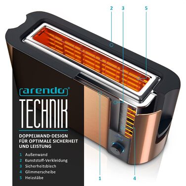 Тостер Arendo Automatik з широкими прорізами, функція розморожування, теплоізоляційне подвійне покриття, вбудований підставка для тостів, висувна шухляда для крихт, сертифікат GS, матеріал: мідь