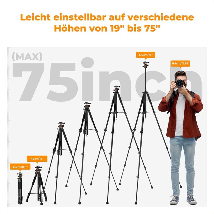 Штатив K&F Concept S255A3+BH-36, 190 см: для камер Canon, Nikon, Sony, смартфонів, відеокамер. Алюмінієвий штатив для фото- та відеозйомки