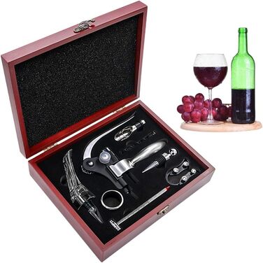 SumDirect Corkscrew, Wine Opener Set, Manual Wine Opener Kit, Zinc Alloy Handle Corkscrew, Deluxe Wine Opener Accessories with 9 Pieces, Elegant Design Set with Dark Cherry Wood Box