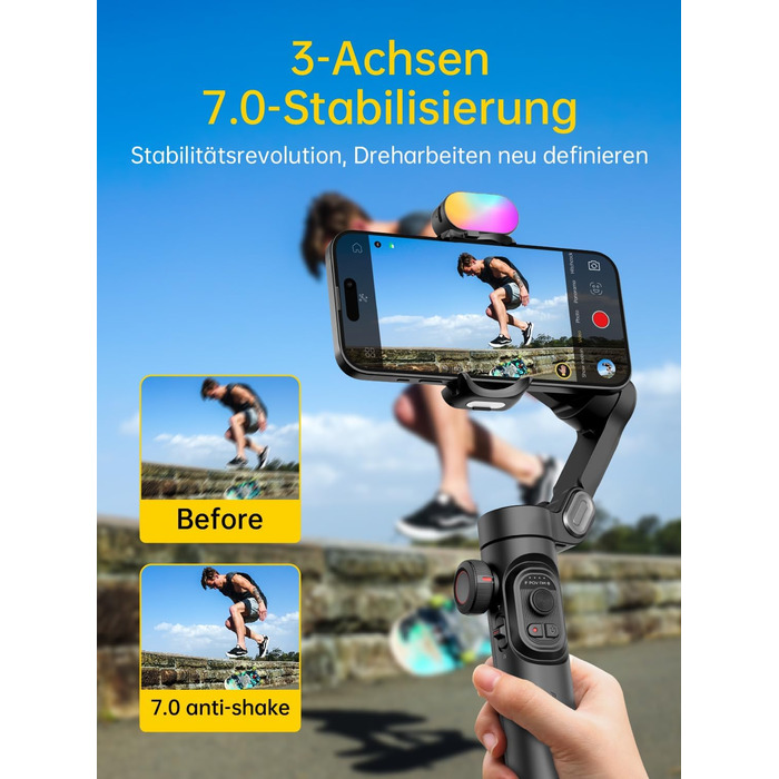 Гімбал AOCHUAN для смартфона з 3 осями стабілізації, RGB-підсвічуванням, трекінгом обличчя та регульованим кільцем фокусування. Підходить для iPhone/Android. Ідеальний для зйомки Vlog та створення контенту.