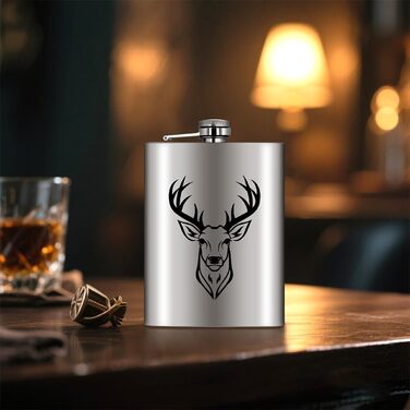 Фляга туристична 237мл з нержавіючої сталі, з воронкою та листівкою, чорна, з візерунком голови оленя, для кемпінгу, піших прогулянок та активного відпочинку