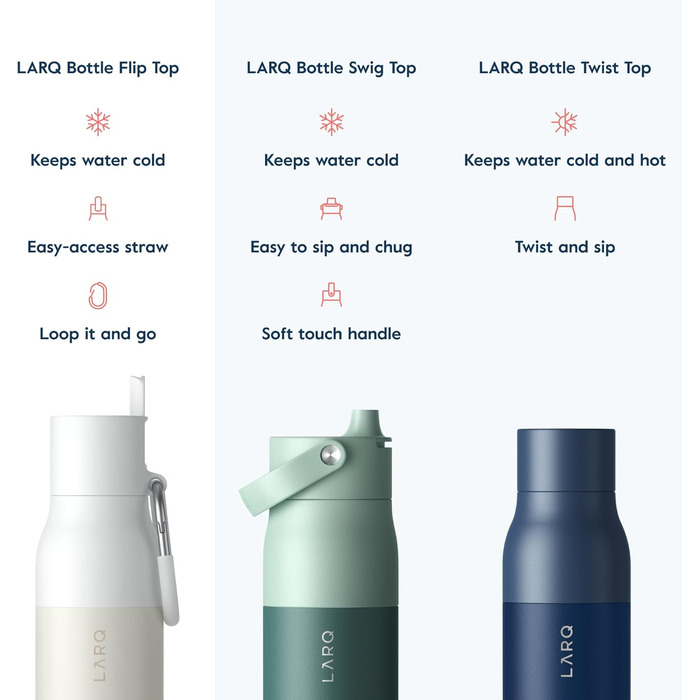 LARQ Bottle Flip Top 500ml - Insulated Stainless Steel Water Bottle with Straw | Reusable Water Bottle for Sports, Gym, and Travel | Keeps Drinks Cold, (740 ml, Granite White)