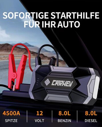 Powerbank для авто Starthilfe: 4500A, 8.0L (бензин/дизель), 12V, LED, Jump Starter з кабелями та 2 USB