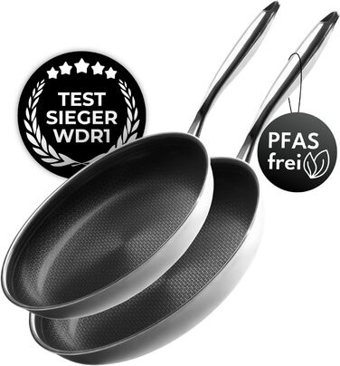 Набір сковорідок Onyx Cookware 24+28 см | Сковороди з антипригарним покриттям для індукційних плит | Сковороди для всіх типів плит | Стійке до подряпин антипригарне покриття | 3-шарова сталь/алюміній | Можна використовувати в духовці до 260°C | Без PFAS