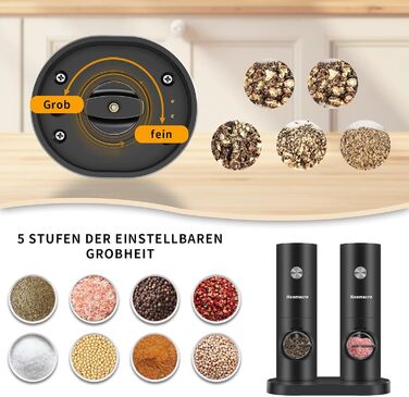 Haomacro Electric Salt and Pepper Grinder Set, Battery Operated, Electric Pepper Grinder Automatic Spice Grinder Salt Shaker with Base, LED Light, Adjustable in 5 Levels