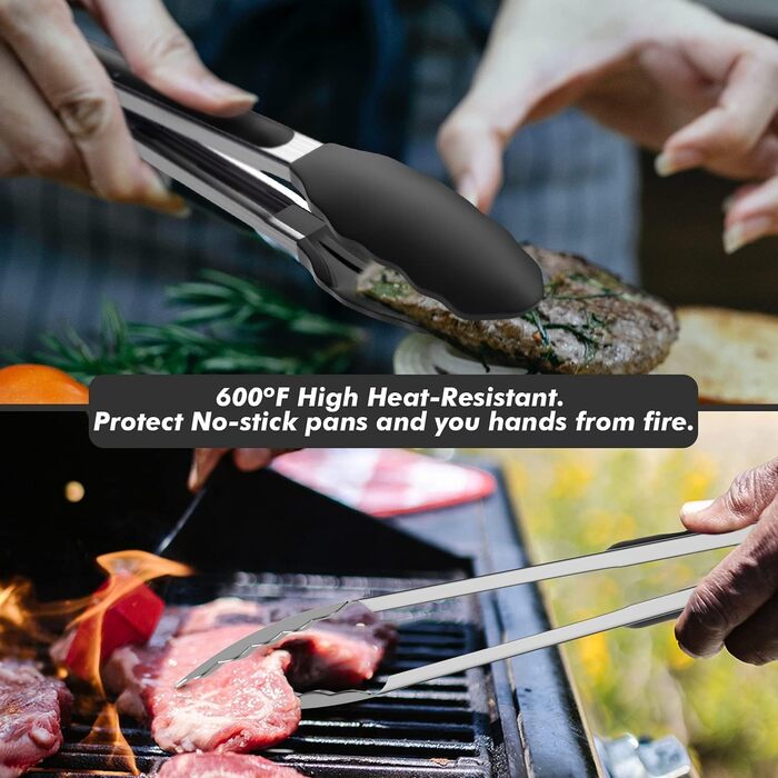 ChefAide Set with 2 Kitchen Tongs, 18/8 Stainless Steel and Silicone Rubber Handles with 600°F High Heat Resistance, Kitchen Utensils, Cooking Utensils for Grilling, Salad, BBQ, Roasting, Baking, Serving, 9/12