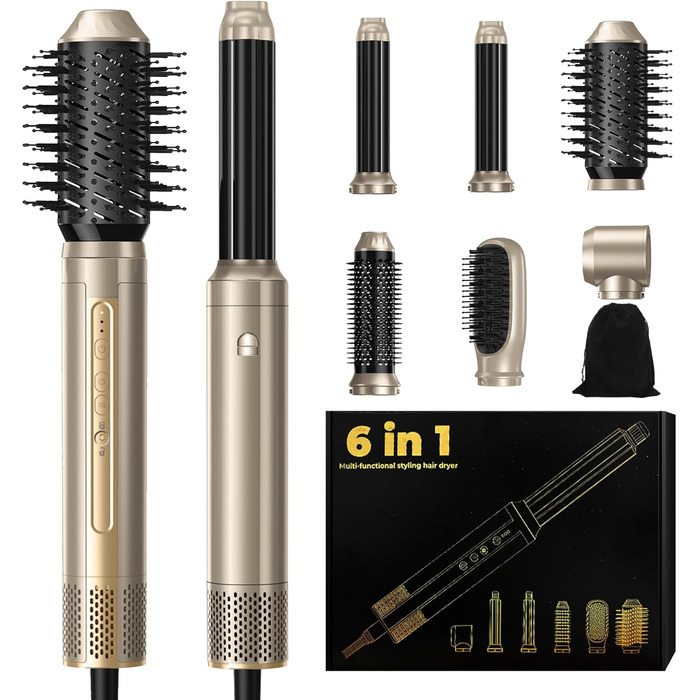 Набір для укладки волосся 6 в 1: стайлер, фен-щітка, плойка, термощітка, випрямляч, 110000 об/хв, для всіх типів волосся, золото