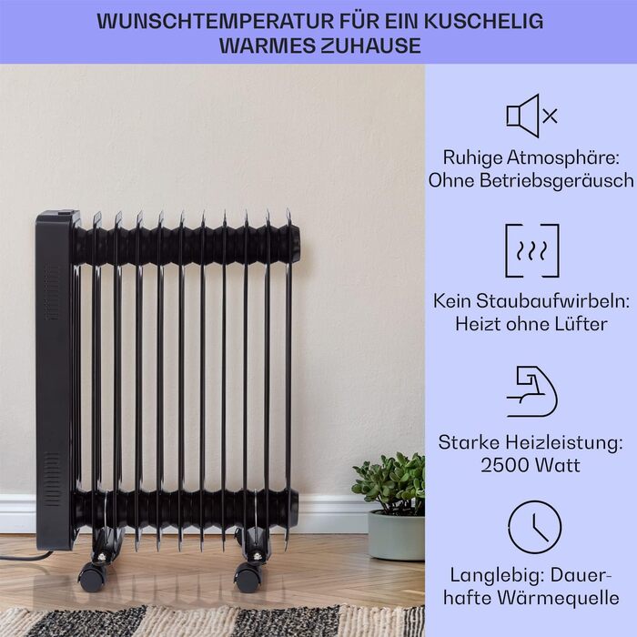 Електричний масляний радіатор Klarstein 2500W з термостатом та Wi-Fi, мобільний, чорний