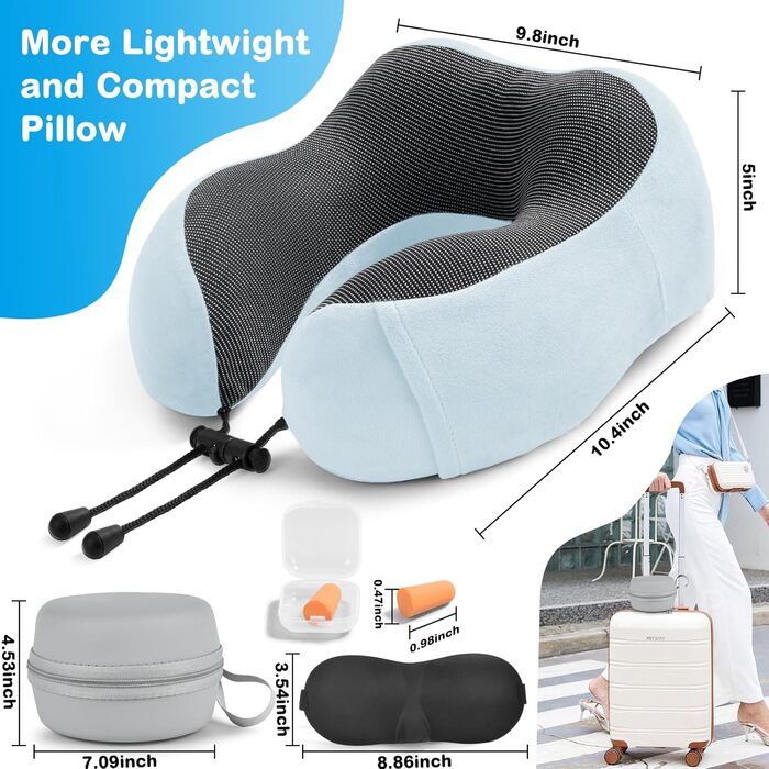 Подушка для шиї в літак, доросла, Memory Foam, регульована, компактна, з навушниками, маскою для сну, коробкою для зберігання (Блакитна)