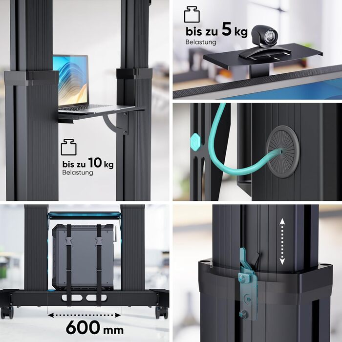 ONKRON Mobile TV Stand for 32-75 inch TVs - Adjustable Height, VESA 600x400, Rolling TV Cart - Black TS1571-B (TS2821)