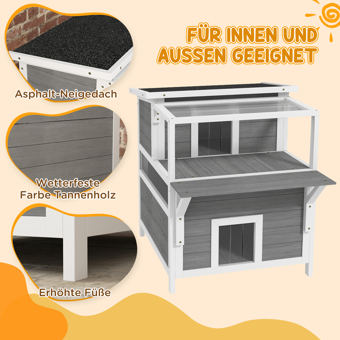 PawHut Cat Cave, Pine Wood Cat House, Cat House with Balcony, Entrances, for Cats up to 5 kg, Outdoor, 64 x 87 x 76 cm, Light Gray | Aosom