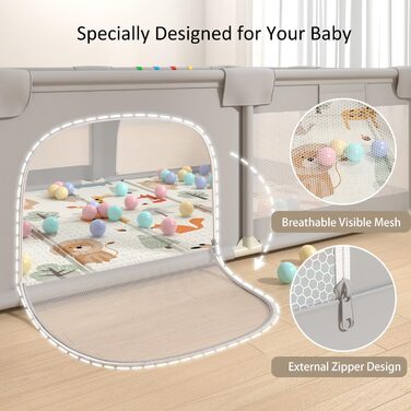 Playpen Baby, 200x160 CM Extra-large playpen for indoor and outdoor use, baby playpen with soft, breathable mesh, includes 50 balls, 6 pull rings