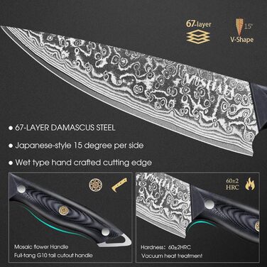 Ніж кухарський MOSFiATA Дамаск 8 дюймів - Японський ніж з дамаської сталі, кухонний ніж шеф-кухаря з чохлом, 3 захисними вкладишами та подарунковою упаковкою