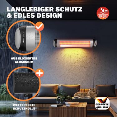 Інфрачервовий обігрівач MONZANA® MZH2501 з таймером, 2500W, 3 режими, 24 год, пульт ДУ, кут нахилу 90°, електричний, для тераси (сріблястий)
