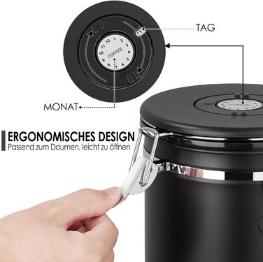 Герметичний контейнер для кави з нержавіючої сталі, 2.8 л, з CO2-клапаном, мірною ложкою та індикатором дати (для кави, горіхів, чаю, какао)