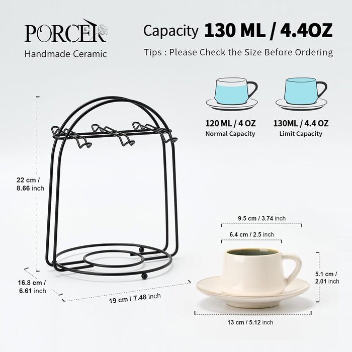 Набір керамічних чашок та підставок для кави з металевим стійкою (6 шт.), 130 мл - Cappuccino, Espresso, Latte, Americano, Чай, чорний колір