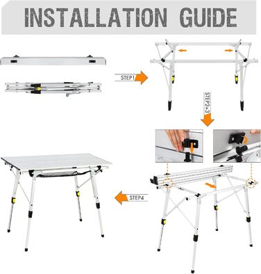 Складний алюмінієвий стіл для кемпінгу Portal 90x53 см, регульована висота, на 4 особи, сріблястий