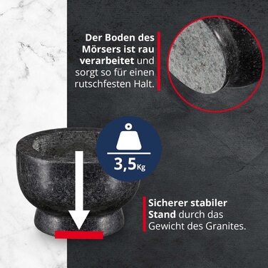 Гранітний ступка з толуштою Meisterkoch XXL для спецій, 3,5 кг, 15 см Ø, 450 мл, чорний колір