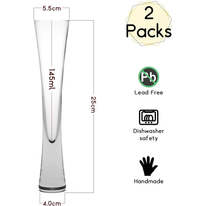 Набір з 2 склянок для шампанського 145 мл, склянки з кришталю, для шампанського, просекко, лікеру, ручної роботи, прозорі