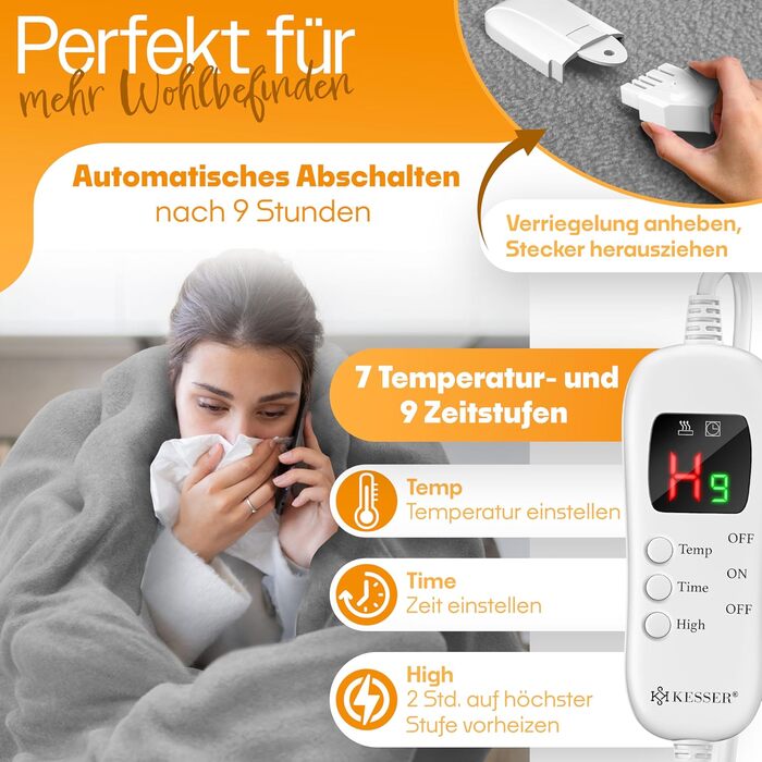Електрична грілка KESSER® з плюшу 180x130 см сірого кольору | з таймером та автовимкненням | тепла та затишна ковдра | 9 температурних режимів | прання до 40°C | цифровий дисплей