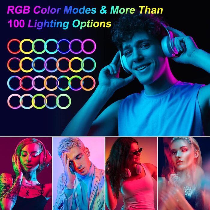 Ринг-лампа 13 дюймів з штативом, кліп для планшета та 2 тримачами для телефону, 3000-6000K, 10 рівнів яскравості, музичні режими, 100 RGB-режимів, LED для селфі, TikTok, Vlog, YouTube, Facebook відео, багато кольорів