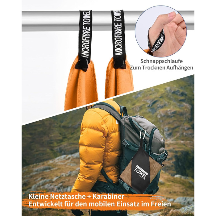 Набір з 3 рушників з мікрофібри, 180x80 см + 2 рушники 80x40 см, для фітнесу, сауни, пляжу, подорожей, темно-зелений (оранжевий)