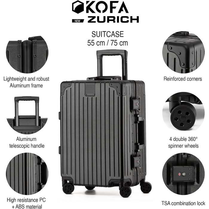 KOFA Zurich: Набір валіз 2 шт. (M-55см, XL-75см) з алюмінієвим каркасом та міцною полікарбонатною оболонкою. Carry-on + Check-in, спіннер з 4 колесами, TSA-замок, 35L + 94L (Чорний)