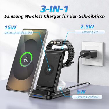 Бездротова зарядка 3-в-1 для Samsung: станція з подвійною котушкою, захистом від перевантаження та портативним дизайном для смартфонів, смарт-годинників та навушників