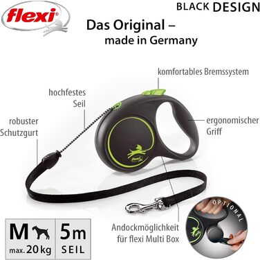 Flexi® Roll-Leine для собак до 20 кг, 5 м, чорний/зелений, M
