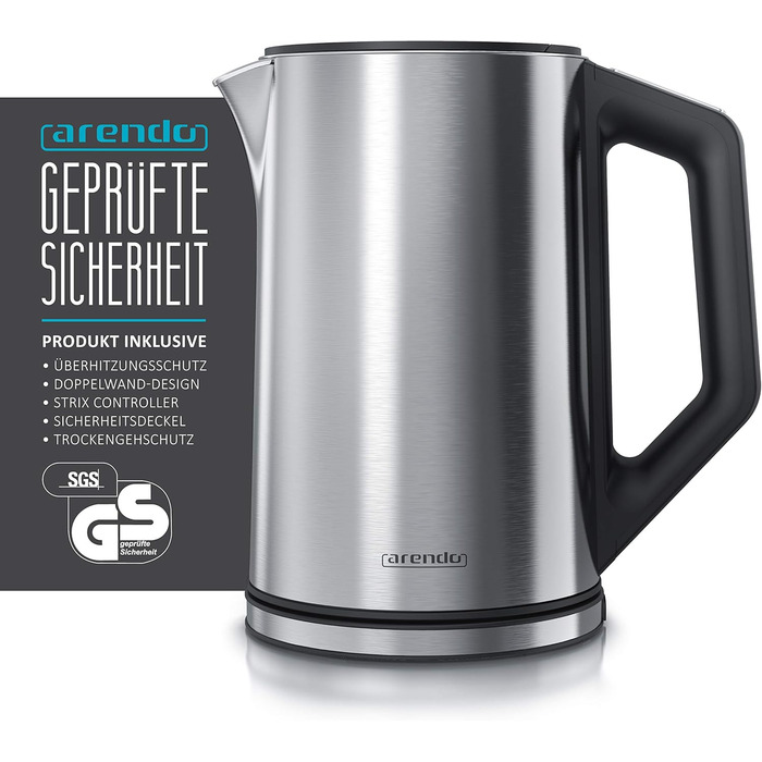 Arendo - Stainless Steel Kettle with Temperature Setting 40-100 Degrees in 5-Degree Increments - Double-Walled Design - Model ELEGANT - 1.5 Liter - 2200 W - Tea Kettle with Temperature Display - GS - Silver