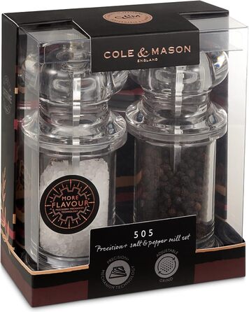 Cole & Mason 505 Salt & Pepper Mill Set – Classic Design, Adjustable Grinder, 14cm, Transparent Acrylic Body, Durable & High Quality, Manual