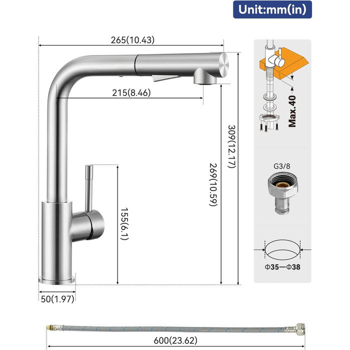Змішувач кухонний Sofetiy висувний з душем, нержавіюча сталь, 360° поворот, одноlever, 2 режими струменя