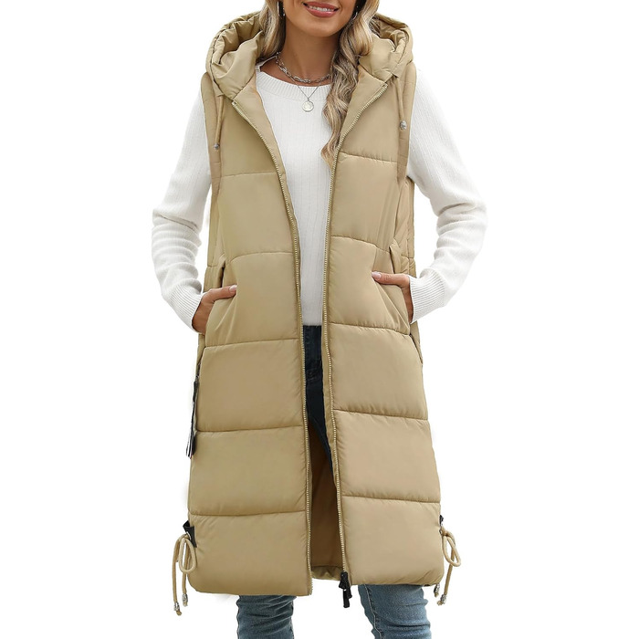Тепла зимова жилетка Vancavoo з капюшоном, XXL, хакі. Легка стьобана жилетка з пуху для жінок та чоловіків. Перехідна куртка-жилетка на осінь/зиму.