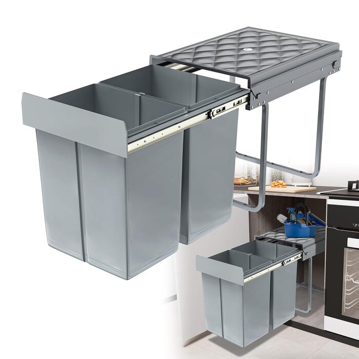Вбудований контейнер для сміття HENGMEI, сірий, 2x20L (висувний, для кухні)