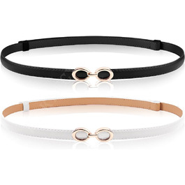 2 жіночі шкіряні ремені Skinny: тонкий, витончений, з золотою пряжкою для суконь та пальто (чорний+білий)