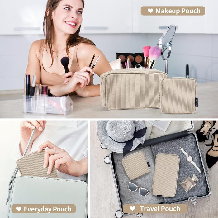 Косметичка MAGEFY для макіяжу: 2 шт. у наборі, з відділеннями, з корду, для подорожей, бежевий колір