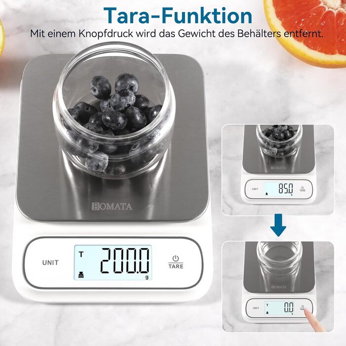 Кухонні ваги BOMATA, цифрові, 5 кг, точність 0,1 г, з підсвічуванням, платформа з нержавіючої сталі, білий колір
