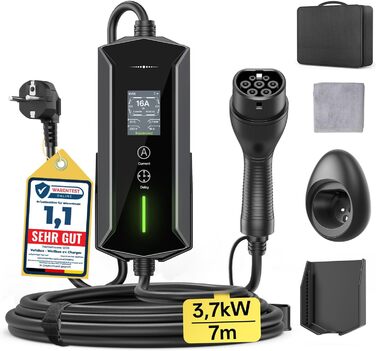 Кабель для зарядки електромобілів Schuko 3,7kW, 7м, 6-16A, 1-фазний, IP65, з LCD-дисплеєм, регульована потужність, таймер, для електромобілів та PHEV