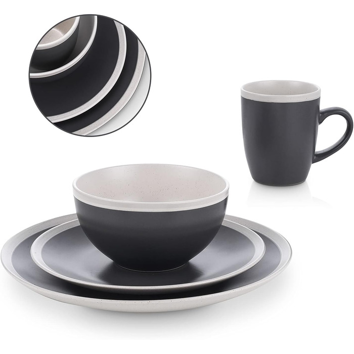 Набір посуду Stone Lain Serenity Steingut, 16 предметів (сервіз на 4 особи), темно-сірий та кремовий, придатний для миття в посудомийній машині та використання в мікрохвильовій печі