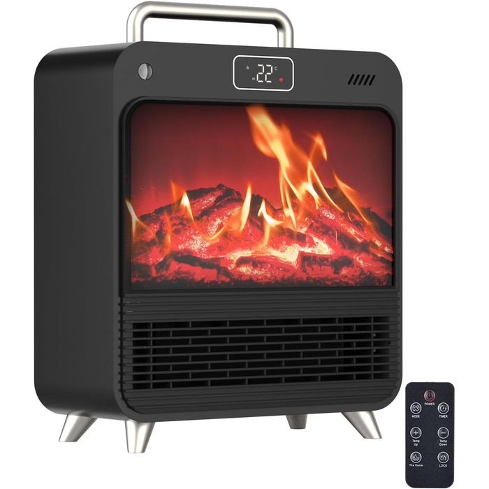 Електричний обігрівач 1500W з термостатом та таймером, тихий (34dB), захист від перегріву та перекидання, з пультком, чорний та срібний