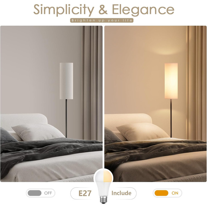 Світлодіодна торшер 9W з регулюванням яскравості, 3 колірні температури, Е27, абажур з льону, вимикач на корпусі, вінтажний дизайн, сірий