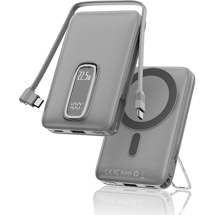 Power Bank MagSafe 10000mAh з USB-C кабелем, 22.5W, бездротова зарядка для iPhone 17/16/15/14/13/12 Max/Pro/Plus (Сірий)