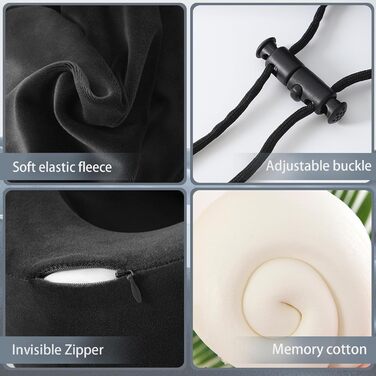 Подушка для шиї Memory Foam | Подушка для подорожей в літаку з 95% світлозахистом, регульована підтримка шиї, Travel Pillow для подорожей, офісу та сну на боці (Чорний)