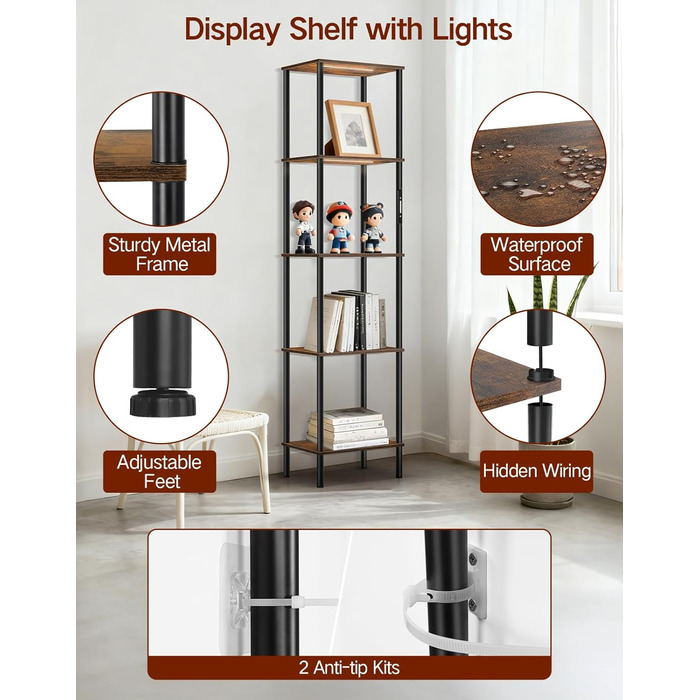 Стійка лампа з полицею, LED, регулювання яскравості, 3 колірні температури, сенсорне та дистанційне керування, полиця для книг, дерев'яна стійка, сучасний дизайн для вітальні, спальні, офісу (Rustic Brown)