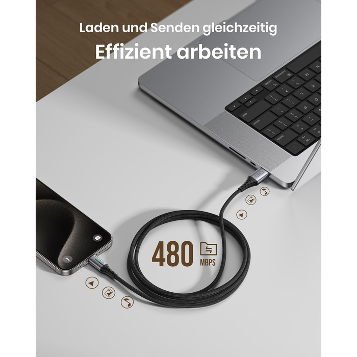 Кабель USB-C 2м з LED-підсвічуванням, швидка зарядка 3.1A, нейлон, чорний - сумісний з iPhone 15, Samsung Galaxy, Google Pixel