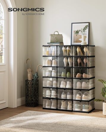 SONGMICS Shoe Cabinet Set, with 18 Shoe Boxes, Integrated Shoe Organizer, Foldable, Portable, for Shoes up to Size 46, 1-Minute Assembly, Transparent-Cloud White LSP207W01 (Transparent + Ink Black, 3)